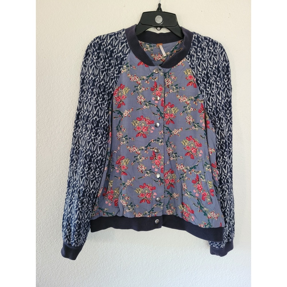 Free People Womens Floral Ikat Mixed Media Baseball Bomber Jacket Blue M #18